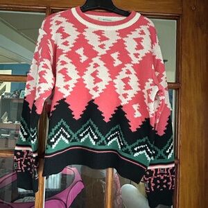Anthropologie Coral and Black Patterned Sweater